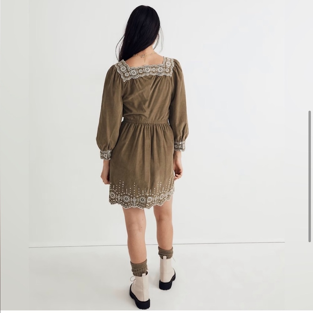 NWT Madewell Embroidered Corduroy Square-Neck Mini Dress - Green - Medium Petite - Picture 4 of 11